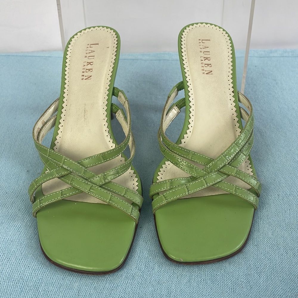 Ralph Lauren Green Strappy Wood Heels - Picture 3 of 8